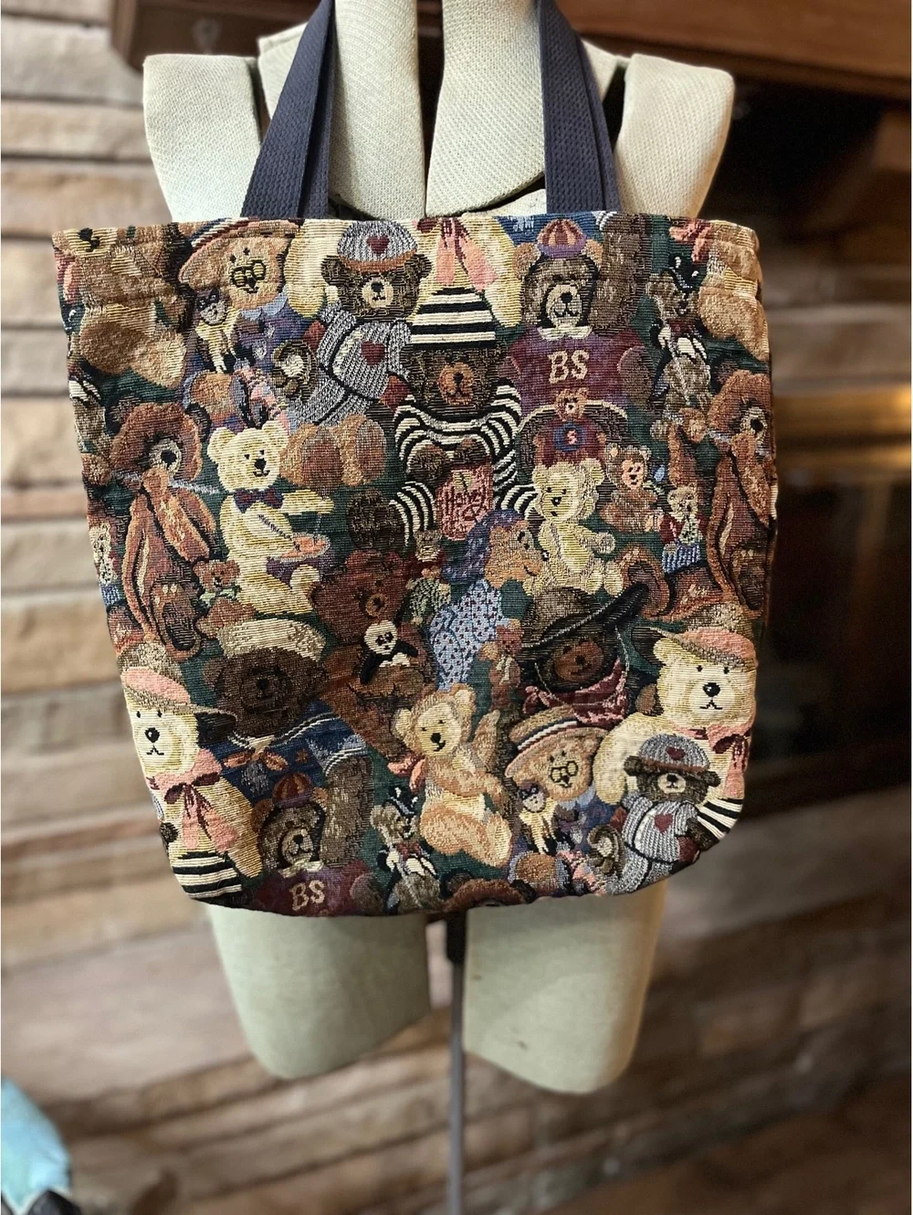 Vintage 1990s Ellen Originals Teddy Bear Tapestry Shoulder Bag, Made in USA